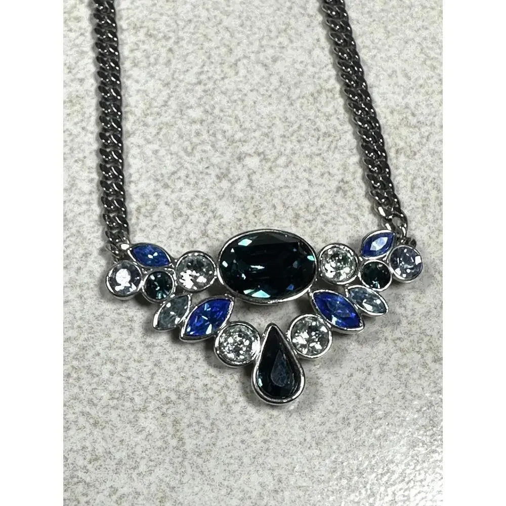 Givenchy Blue Crystal Statement Necklace 20” Silver Tone Designer Glam